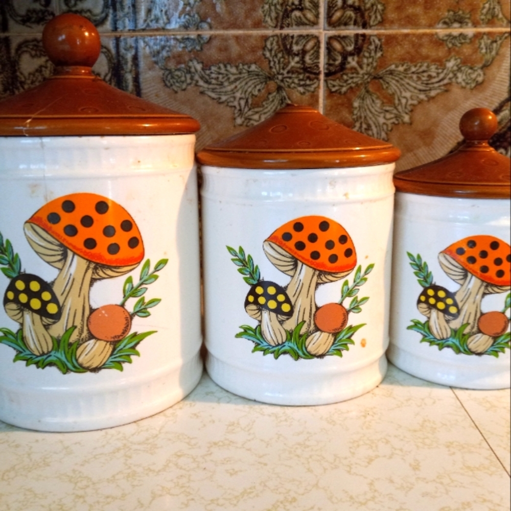 3 Vintage mushroom canisters